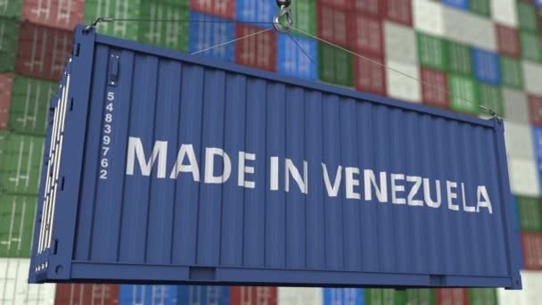 Verladecontainer mit Made in Venezuela Bildunterschrift. Venezianische Import- oder Exportanimation im Zusammenhang mit Schlupflöchern — Stockvideo