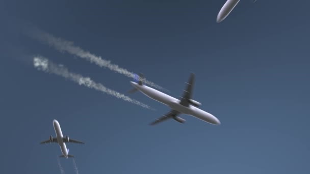 Flygande flygplan avslöjar Izmir bildtext. Resor till Turkiet konceptuell intro animation — Stockvideo
