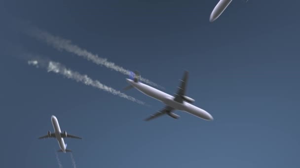 Fliegende Flugzeuge zeigen die Bildunterschrift in Mogadischu. Reisen nach Somalia konzeptionelle Intro-Animation — Stockvideo