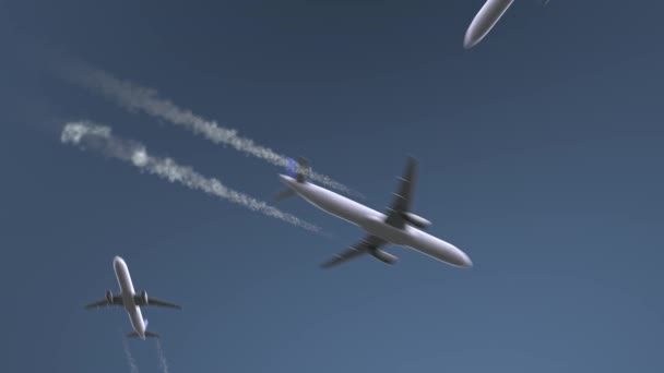 Flygande flygplan avslöjar San Juan bildtext. Resor till Puerto Rico konceptuell intro animation — Stockvideo