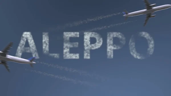 Repülő repülőgépek pályák és a Aleppo felirat. Utazás Szíria fogalmi 3d-leképezés — Stock Fotó