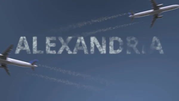 Flying routes van de vliegtuigen en Alexandrië bijschrift. Reizen naar Egypte conceptuele 3D-rendering — Stockfoto