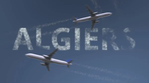 Sentieri aerei volanti e didascalia di Algeri. Viaggiare in Algeria rendering 3D concettuale — Foto Stock