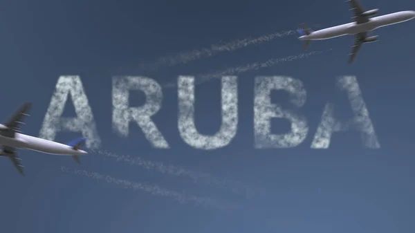Letící letadla stezek a Aruba titulek. Dovolená cestování koncepční 3d vykreslování — Stock fotografie