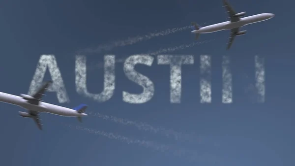 Letící letadla stezek a Austin titulek. Cestování do Spojených států koncepční 3d vykreslování — Stock fotografie