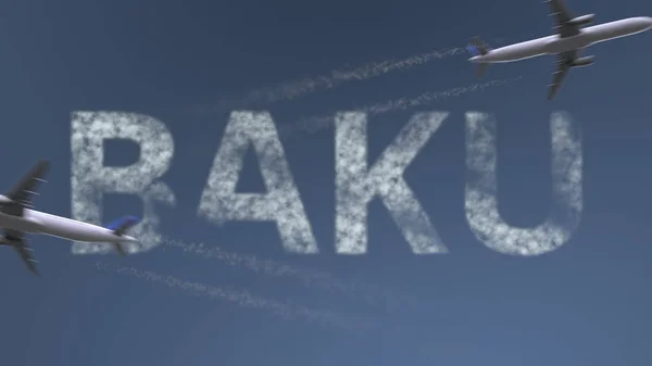 Flying routes van de vliegtuigen en Bakoe bijschrift. Reizen naar Azerbeidzjan conceptuele 3D-rendering — Stockfoto