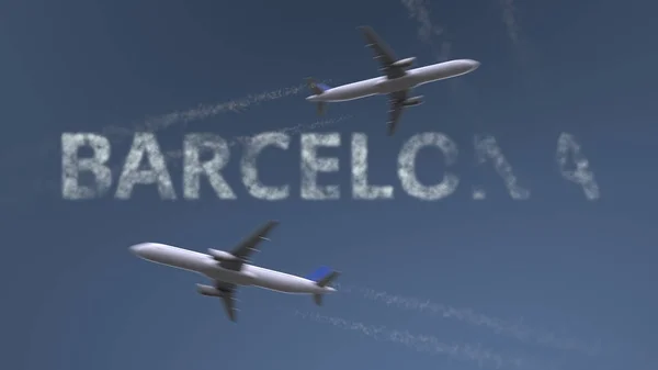 飞行飞机跑道和巴塞罗那字幕。西班牙旅游概念3d 渲染 — 图库照片