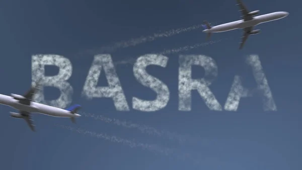Letící letadla stezek a Basře titulek. Cestování do Iráku koncepční 3d vykreslování — Stock fotografie