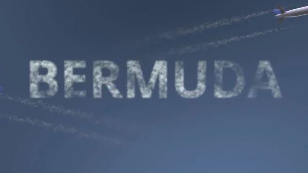 Letící letadla stezek a Bermudy titulek. Dovolená cestování koncepční 3d vykreslování — Stock fotografie