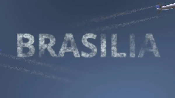 Πετούν αεροπλάνα μονοπάτια και λεζάντα Μπραζίλια. Ταξιδεύοντας στη Βραζιλία εννοιολογική 3d rendering — Φωτογραφία Αρχείου