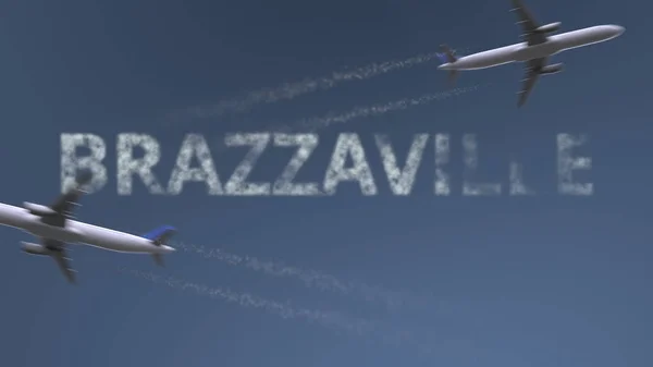 Voando trilhas de aviões e legenda Brazzaville. Viajar para a República do Congo renderização 3D conceitual — Fotografia de Stock