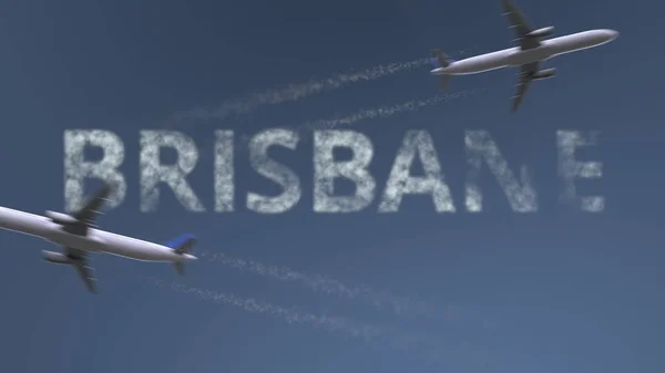 Sentieri aerei volanti e didascalia di Brisbane. Viaggiare in Australia rendering 3D concettuale — Foto Stock