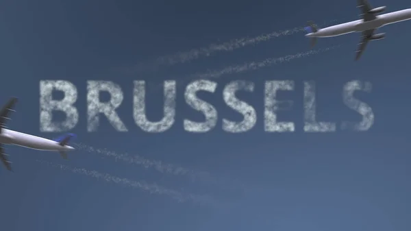 Sentieri aerei volanti e didascalia di Bruxelles. Viaggiare in Belgio rendering 3D concettuale — Foto Stock