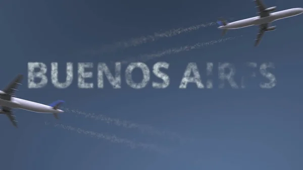 飛行機の飛行コースとブエノスアイレスのキャプション。旅行アルゼンチンに 3 d レンダリングのコンセプト — ストック写真
