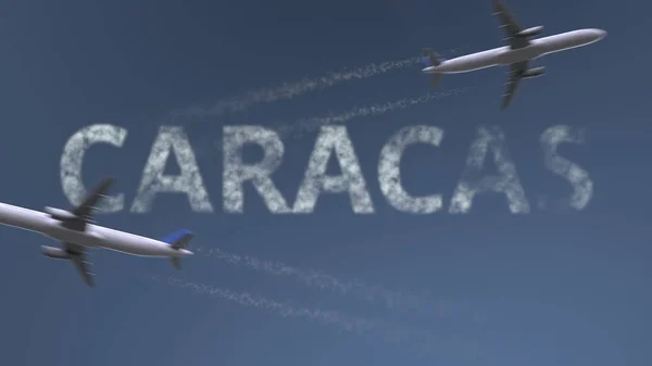 Flying airplanes trails and Caracas caption. Traveling to Venezuela conceptual 3D rendering — Stock Photo, Image