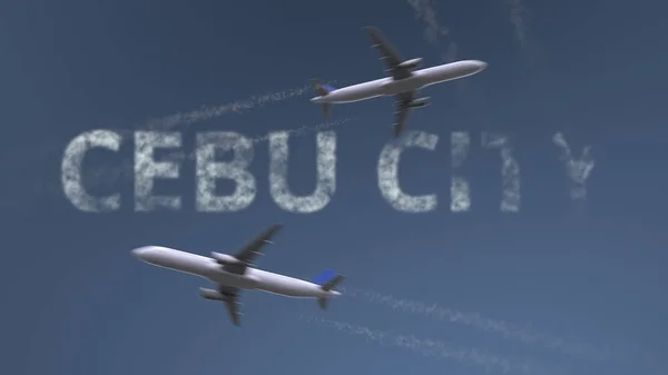 Flygande flygplan vandringsleder och Cebu City bildtext. Resor till Filippinerna konceptuell 3d-rendering — Stockfoto