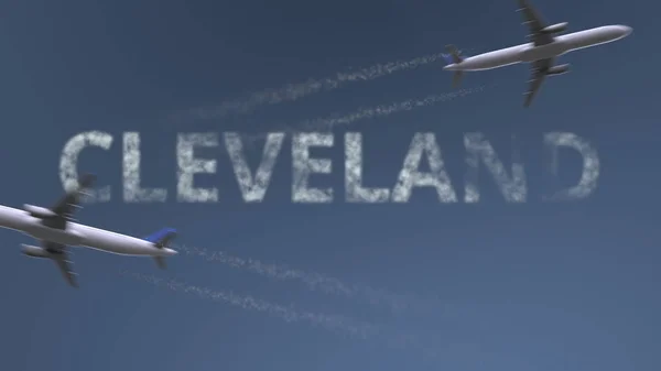 Letící letadla stezek a Cleveland titulek. Cestování do Spojených států koncepční 3d vykreslování — Stock fotografie