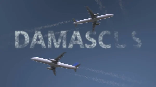 Letící letadla stezek a Damašku titulek. Cestování do Sýrie koncepční 3d vykreslování — Stock fotografie