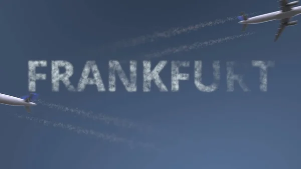 Trilhas de aviões voadores e legenda de Frankfurt. Viajar para a Alemanha renderização 3D conceitual — Fotografia de Stock