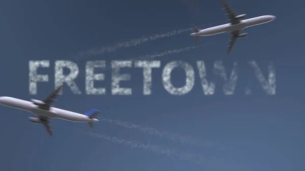 Rutas de aviones voladores y subtítulos de Freetown. Viajar a Sierra Leona renderizado 3D conceptual — Foto de Stock