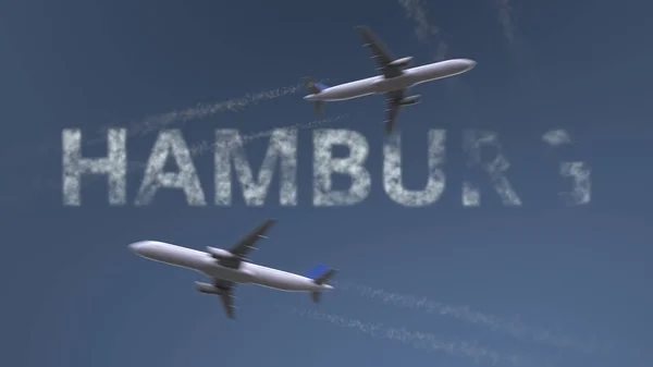 Flying routes van de vliegtuigen en het Hamburg bijschrift. Reizen naar Duitsland conceptuele 3D-rendering — Stockfoto