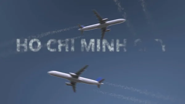 Rutas de aviones voladores y subtítulos de Ho Chi Minh City. Viajar a Vietnam renderizado 3D conceptual — Foto de Stock