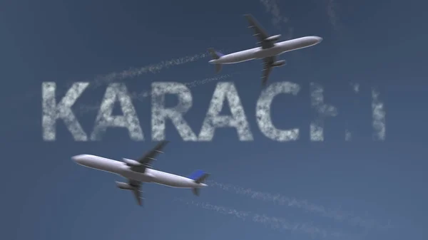 Letící letadla stezek a Karáčí titulek. Cestující do Pákistánu koncepční 3d vykreslování — Stock fotografie