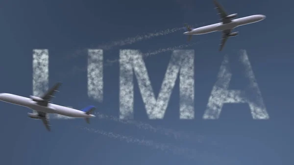 Letící letadla stezek a Lima titulek. Cestování Peru koncepční 3d vykreslování — Stock fotografie