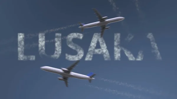 Rutas de aviones voladores y subtítulos de Lusaka. Viajar a Zambia renderizado 3D conceptual — Foto de Stock
