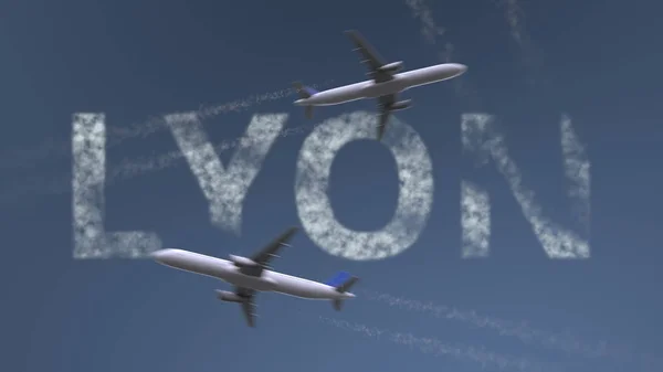 Letící letadla stezek a Lyon titulek. Cestování do Francie koncepční 3d vykreslování — Stock fotografie