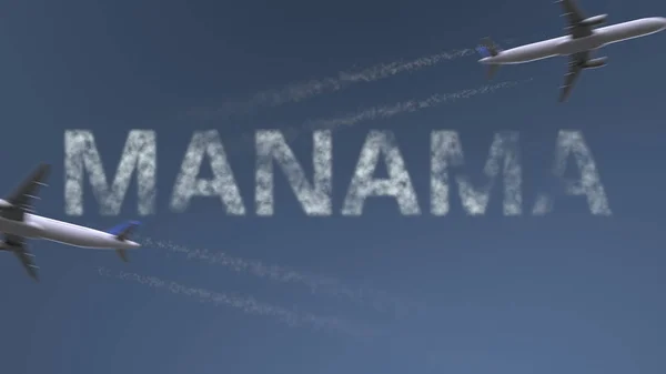 Letící letadla stezky a destinaci Manama titulek. Cestování do Bahrajnu koncepční 3d vykreslování — Stock fotografie