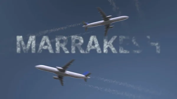 Flying routes van de vliegtuigen en Marrakesh bijschrift. Reizen naar Marokko conceptuele 3D-rendering — Stockfoto