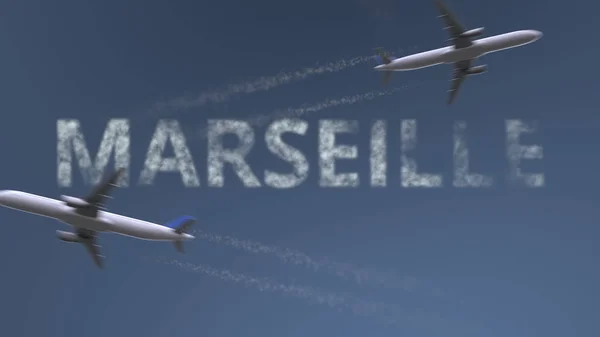 Sentieri aerei volanti e didascalia Marsiglia. Viaggiare in Francia rendering 3D concettuale — Foto Stock
