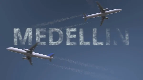 Letící letadla stezky a destinaci Medellín titulek. Cestování do Kolumbie koncepční 3d vykreslování — Stock fotografie