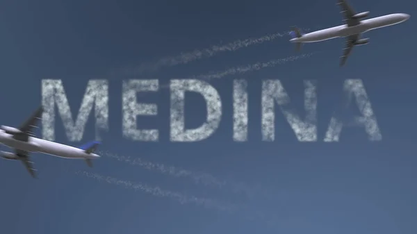 Letící letadla stezek a Medina titulek. Cestování do Saúdské Arábie koncepční 3d vykreslování — Stock fotografie