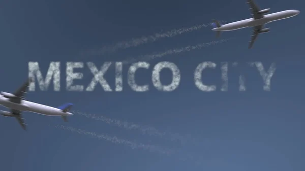 Repülő repülőgépek pályák és a Mexico City felirat. Utazik Mexikóba fogalmi 3d-leképezés — Stock Fotó