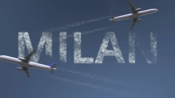 Letící letadla stezek a Milan titulek. Cestování do Itálie koncepční 3d vykreslování — Stock fotografie