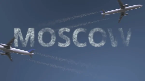 Flying routes van de vliegtuigen en Moskou bijschrift. Reizen naar Rusland conceptuele 3D-rendering — Stockfoto