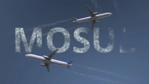 Rutas de aviones voladores y subtítulos de Mosul. Viajar a Irak renderizado 3D conceptual — Foto de Stock