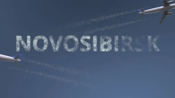 Letící letadla stezek a Novosibirsk titulek. Cestování do Ruska koncepční 3d vykreslování — Stock fotografie