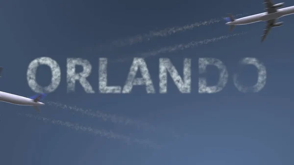 Letící letadla stezek a Orlando titulek. Cestování do Spojených států koncepční 3d vykreslování — Stock fotografie