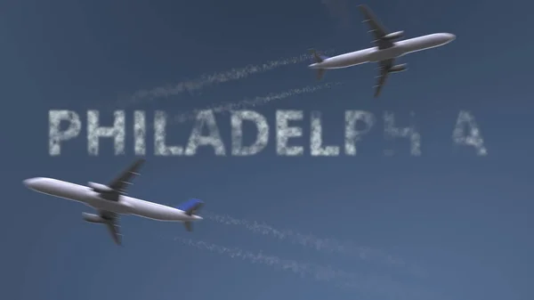 Sentieri aerei volanti e didascalia di Philadelphia. Viaggiare negli Stati Uniti rendering 3D concettuale — Foto Stock