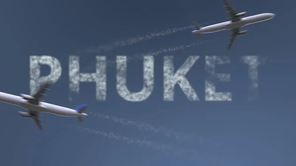 Letící letadla stezek a Phuket titulek. Dovolená cestování koncepční 3d vykreslování — Stock fotografie