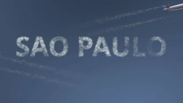 Voando trilhas de aviões e legenda São Paulo. Viajar para o Brasil renderização 3D conceitual — Fotografia de Stock