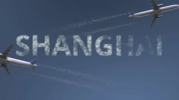 Flugzeugspuren und Shanghai Bildunterschrift. Reisen nach China konzeptionelles 3D-Rendering — Stockfoto