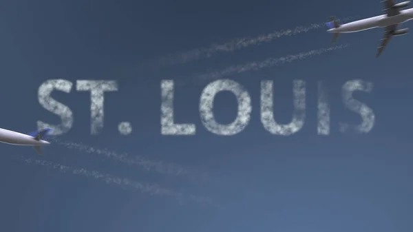 Repülő repülőgépek pályák és a St. Louis felirat. Utazás az Egyesült Államok fogalmi 3d-leképezés — Stock Fotó