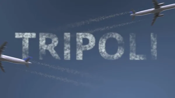 Letící Letadla Tripoli Titulek Cestování Libye Koncepční — Stock fotografie