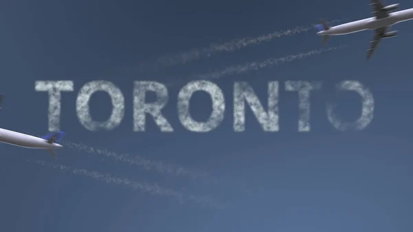 Uçan uçaklar yollar ve Toronto resim yazısı. Kavramsal 3d render Kanada'ya seyahat — Stok fotoğraf