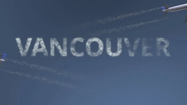 Flying airplanes trails and Vancouver caption. Traveling to Canada conceptual 3D rendering — Stock Photo, Image