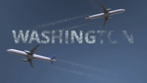 Flying airplanes trails and Washington caption. Traveling to the United States conceptual 3D rendering — Stock Photo, Image